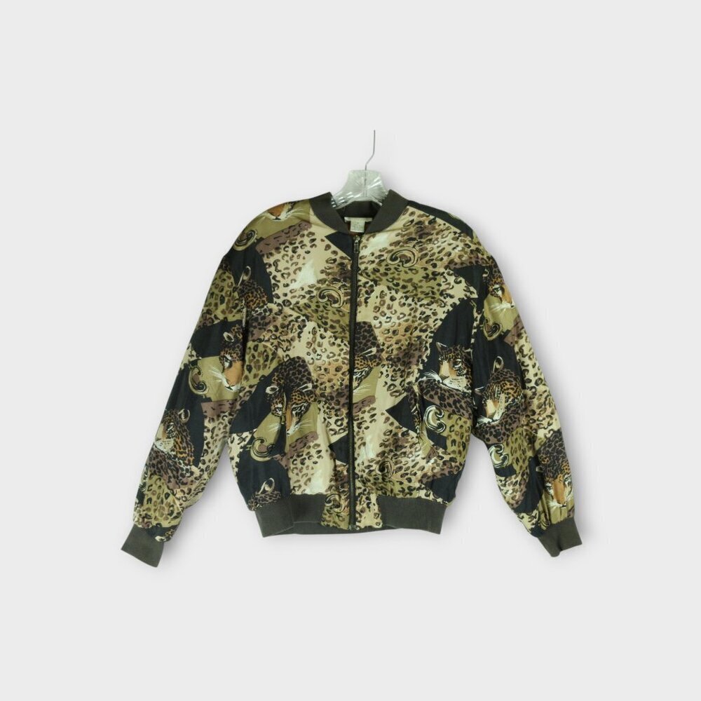 Karnold 100% Silk Bomber Jacket Size 8 Leopard Cats